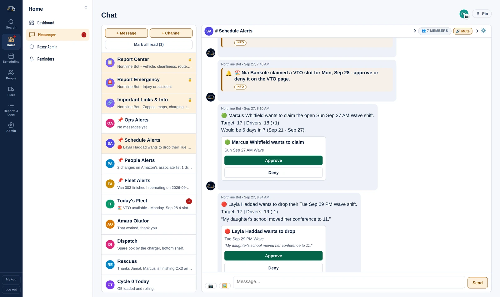 The Schedule Alerts chat: one driver asking to claim an open AM Wave shift and another asking to drop a PM Wave shift with her reason, each with the day's target and Approve and Deny buttons.