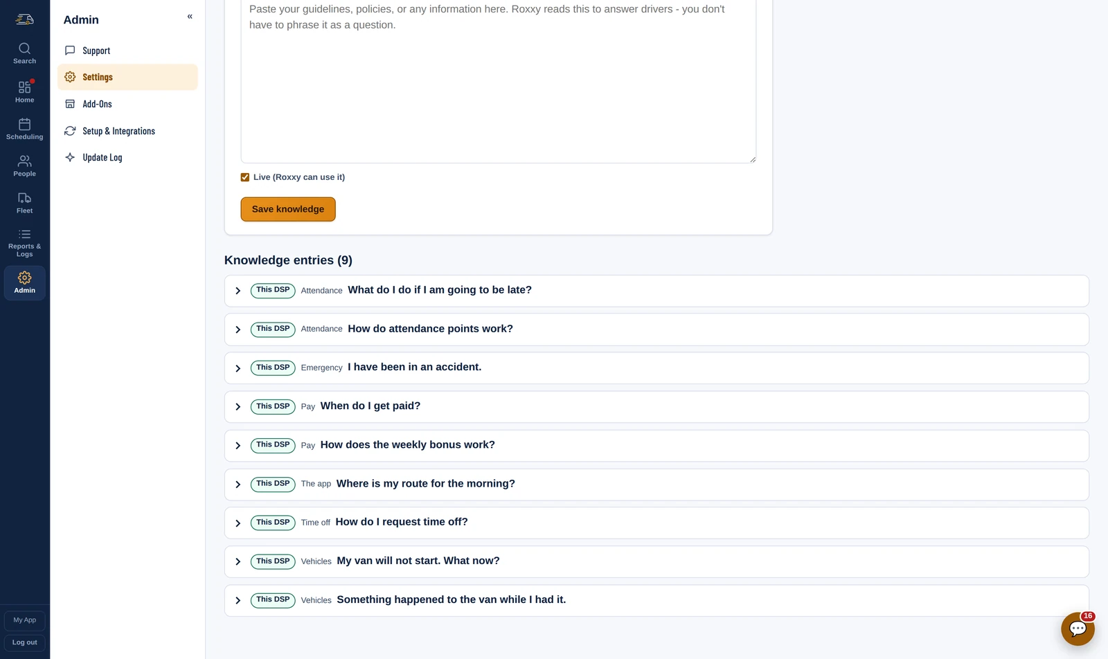 The Knowledge Base: entries grouped by category - attendance, emergency, pay, the app, time off and vehicles