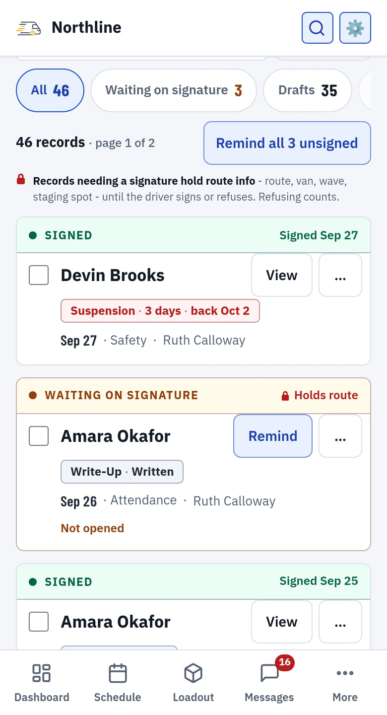 The Disciplinary Log screen on a phone
