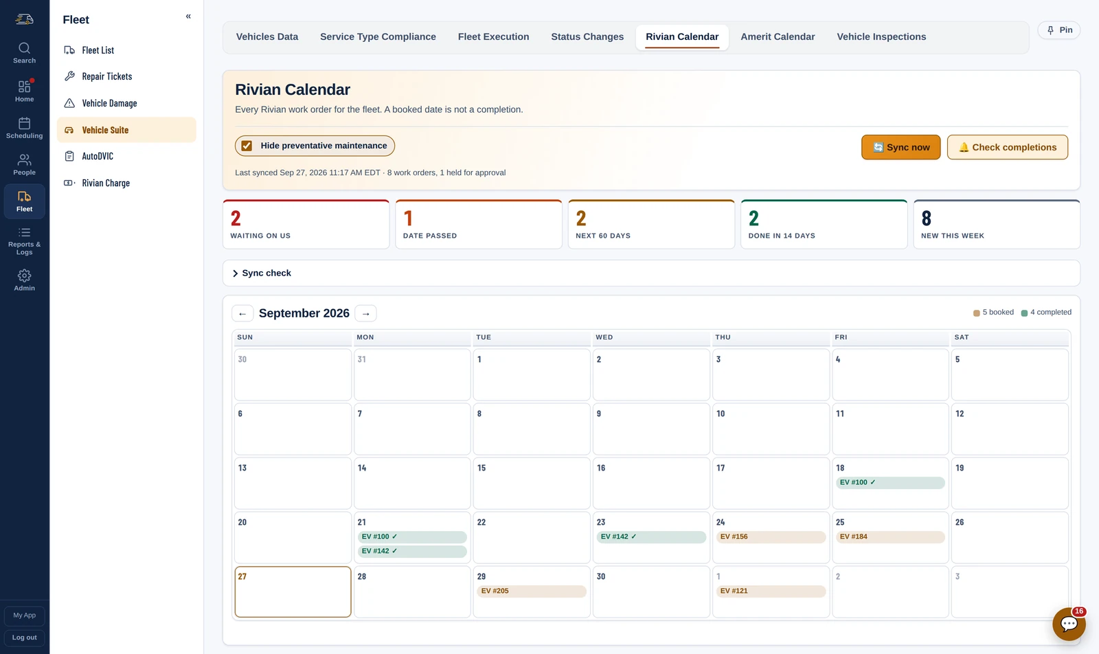 The Rivian Calendar: counts for work waiting on you, dates passed, the next 60 days, done in 14 days and new this week, over a month grid of booked and completed vans.
