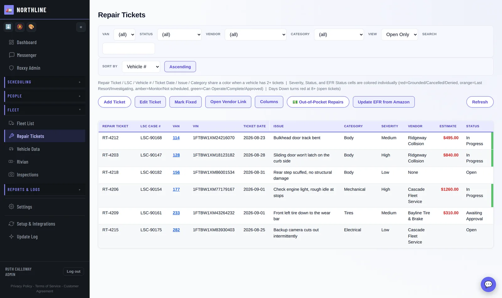 The Repair Tickets screen