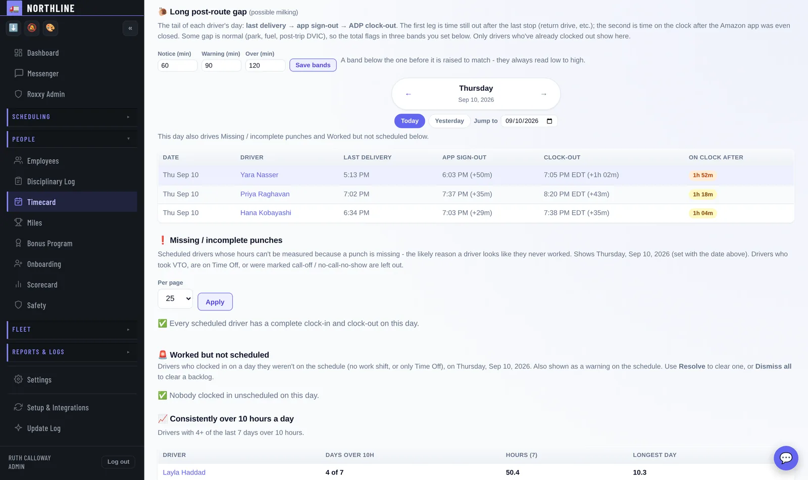 The Time on the clock after the route screen